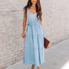 Clothing * | Velv-001 Canadian Blues Chambray Pocketed Midi Dress Denim Final Sale Dresses