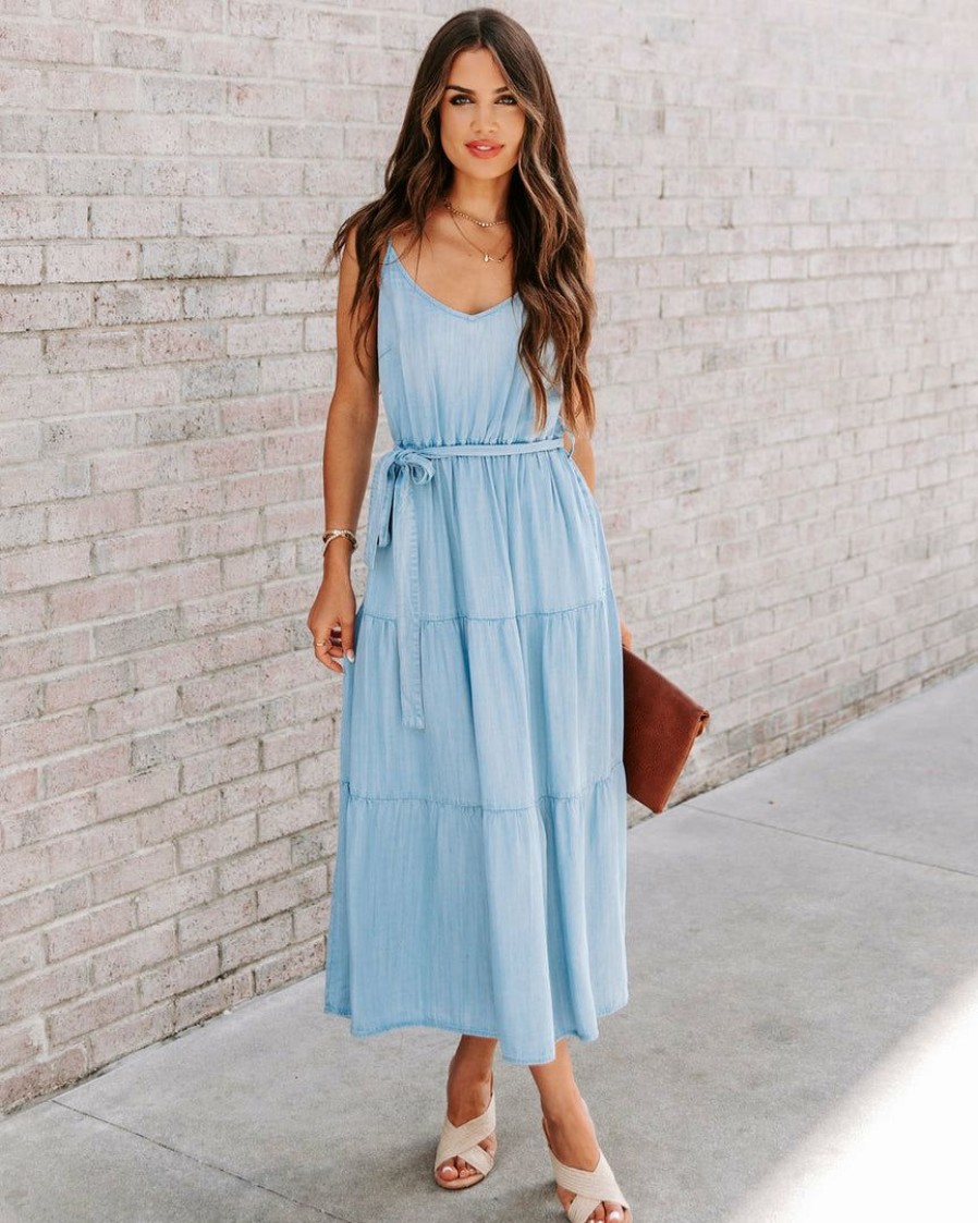 Clothing * | Velv-001 Canadian Blues Chambray Pocketed Midi Dress Denim Final Sale Dresses