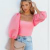 Clothing * | On T-001 Tops Mingle Puff Sleeve Knit Crop Top Pink