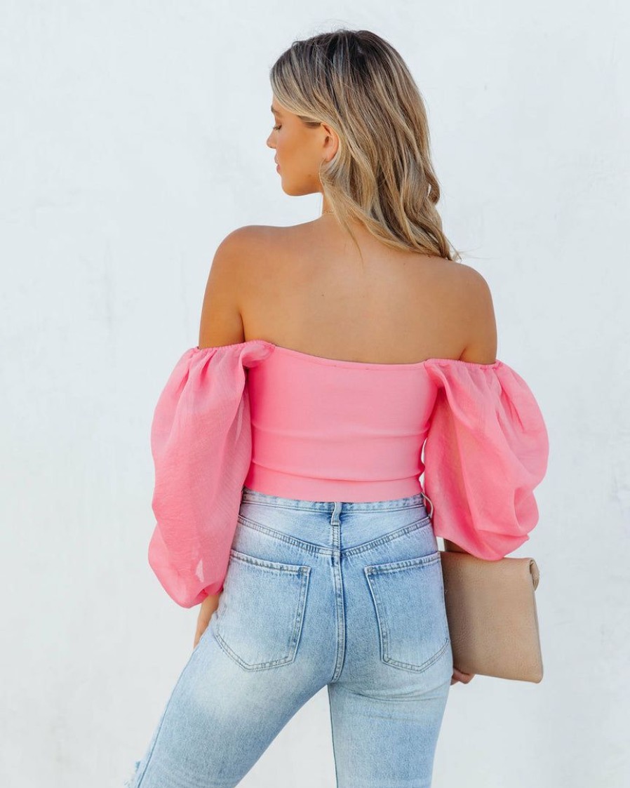 Clothing * | On T-001 Tops Mingle Puff Sleeve Knit Crop Top Pink