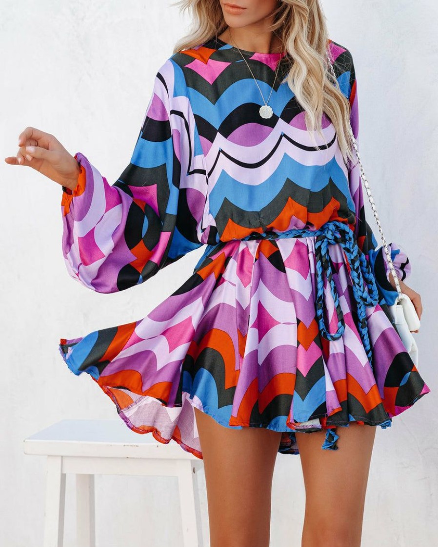 Clothing * | Oliv-001 Rocky Printed Rope Tie Ruffle Dress Final Sale Take Me To Miami