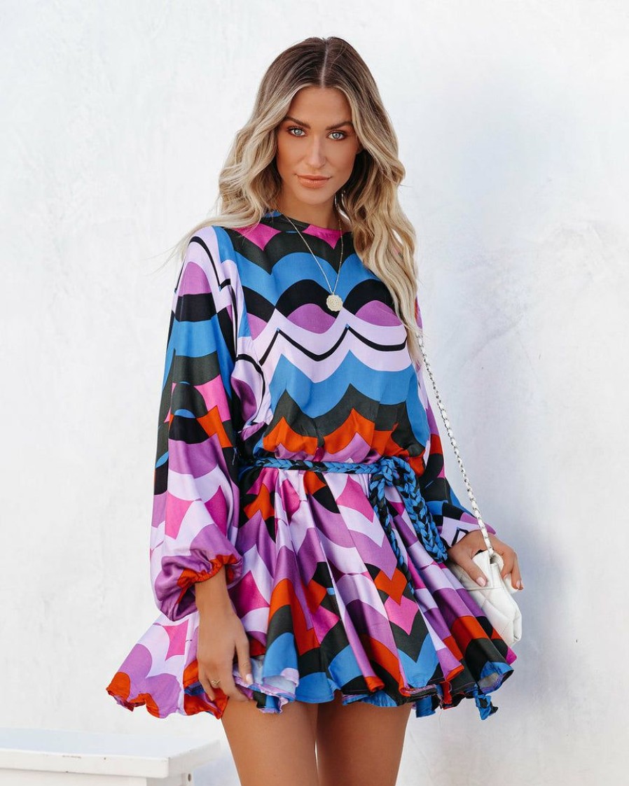 Clothing * | Oliv-001 Rocky Printed Rope Tie Ruffle Dress Final Sale Take Me To Miami