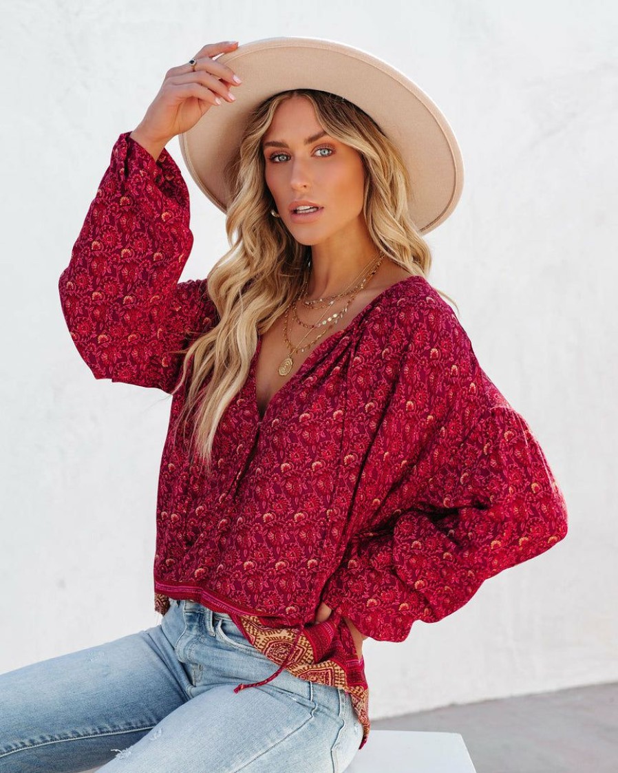 Clothing * | Oliv-001 Luana Printed Peasant Top Burgundy Final Sale