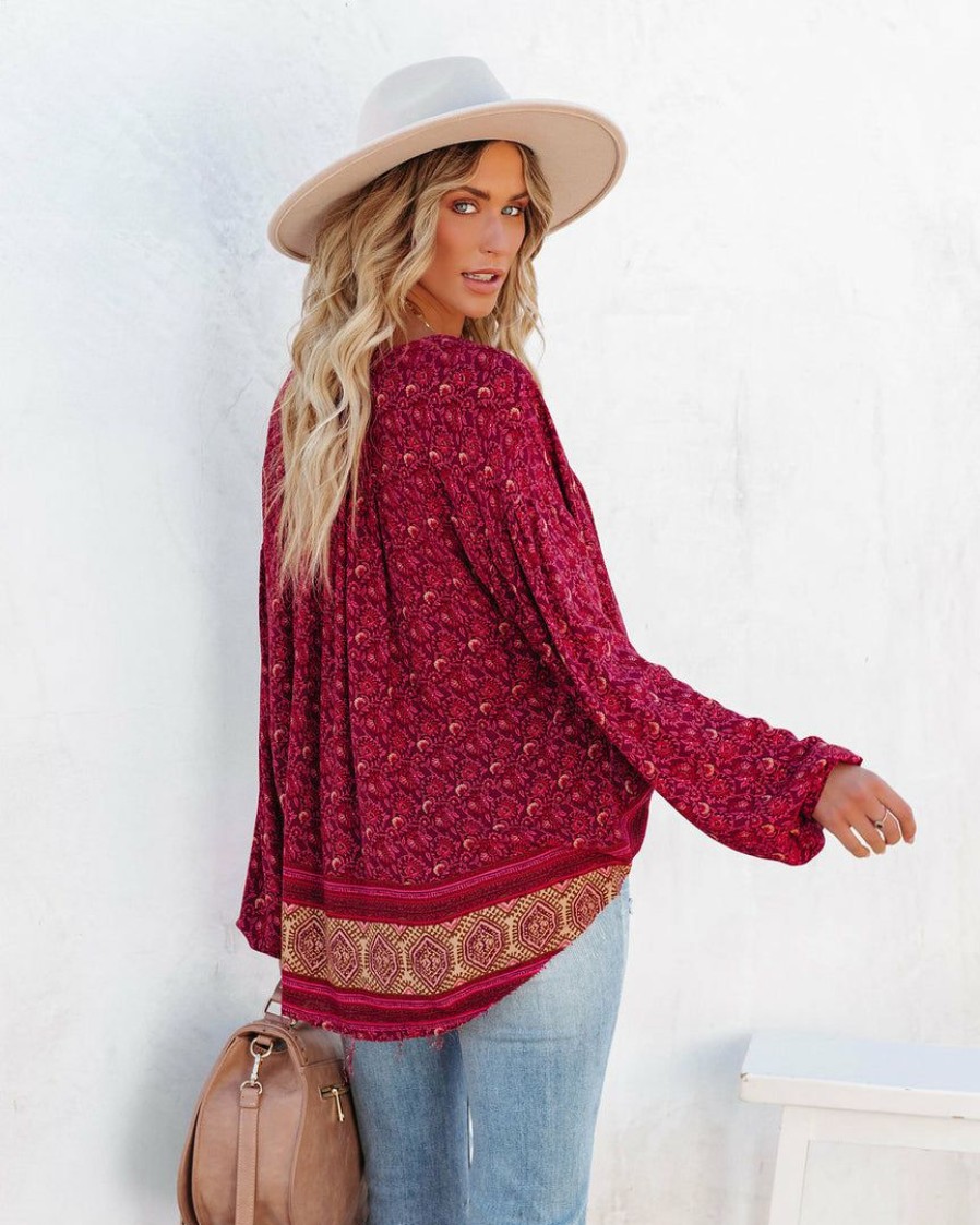 Clothing * | Oliv-001 Luana Printed Peasant Top Burgundy Final Sale