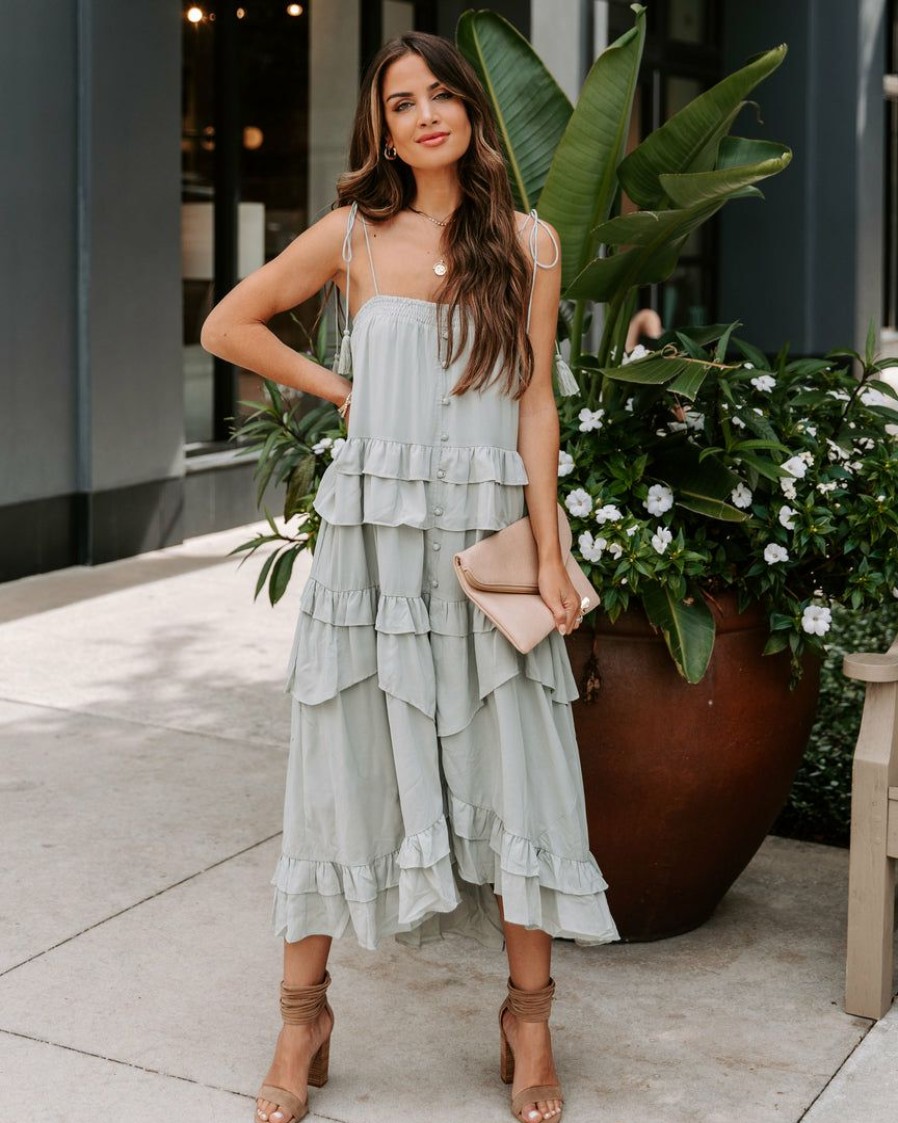 Clothing * | Stor-001 Brisbane Tiered Tassel Midi Dress Sage Final Sale Sweet Summertime