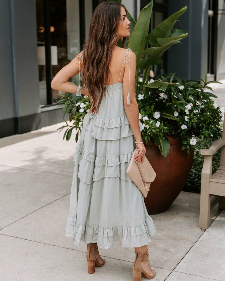 Clothing * | Stor-001 Brisbane Tiered Tassel Midi Dress Sage Final Sale Sweet Summertime