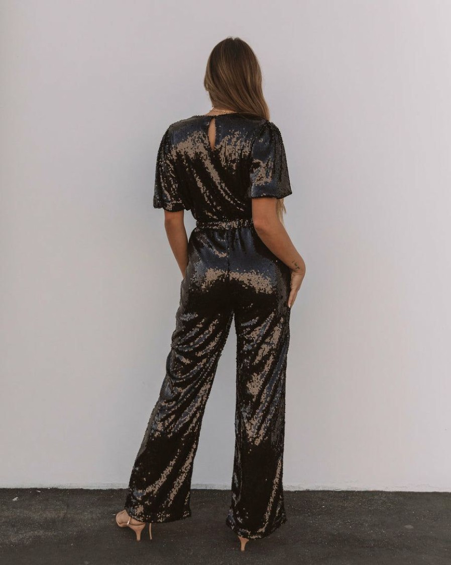 Clothing * | On T-001 Vici Exclusives Eissa Sequin Drape Jumpsuit Black Final Sale