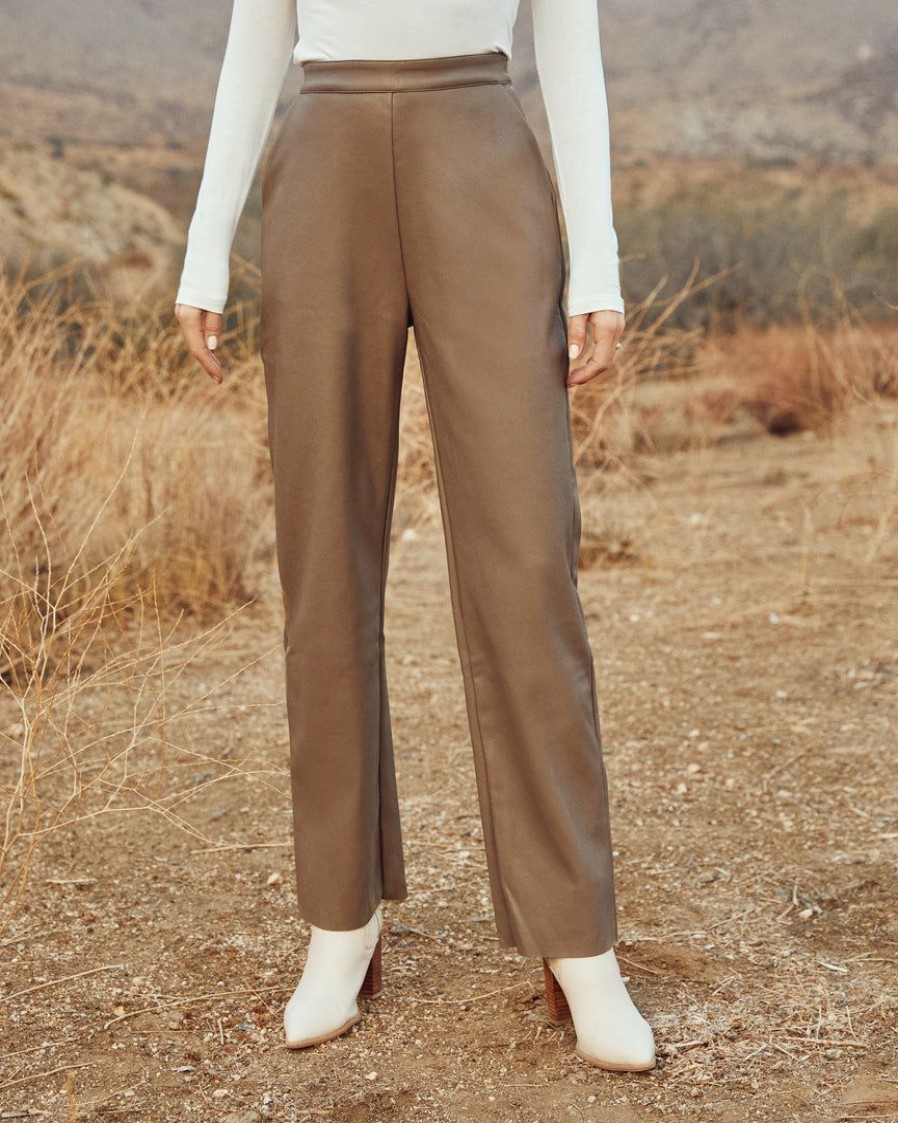 Clothing * | Sage-001 Bottoms Parkhaven Pocketed High Rise Faux Leather Pants Brown Final Sale