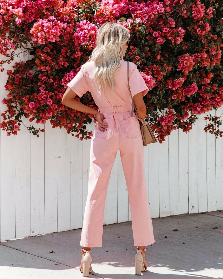 Clothing * | Skie-001 Dumbo Cotton Pocketed Denim Jumpsuit Coral