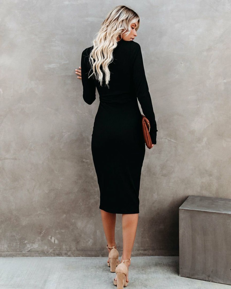 Clothing * | Tych-001 Body Language Ribbed Cutout Midi Dress Black Dresses