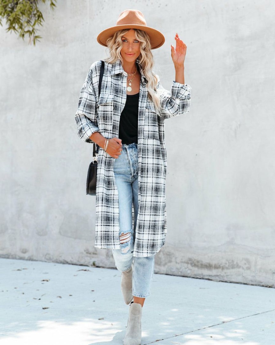 Clothing * | Acoa-001 Tanja Pocketed Plaid Button Down Shacket Black Coats & Jackets