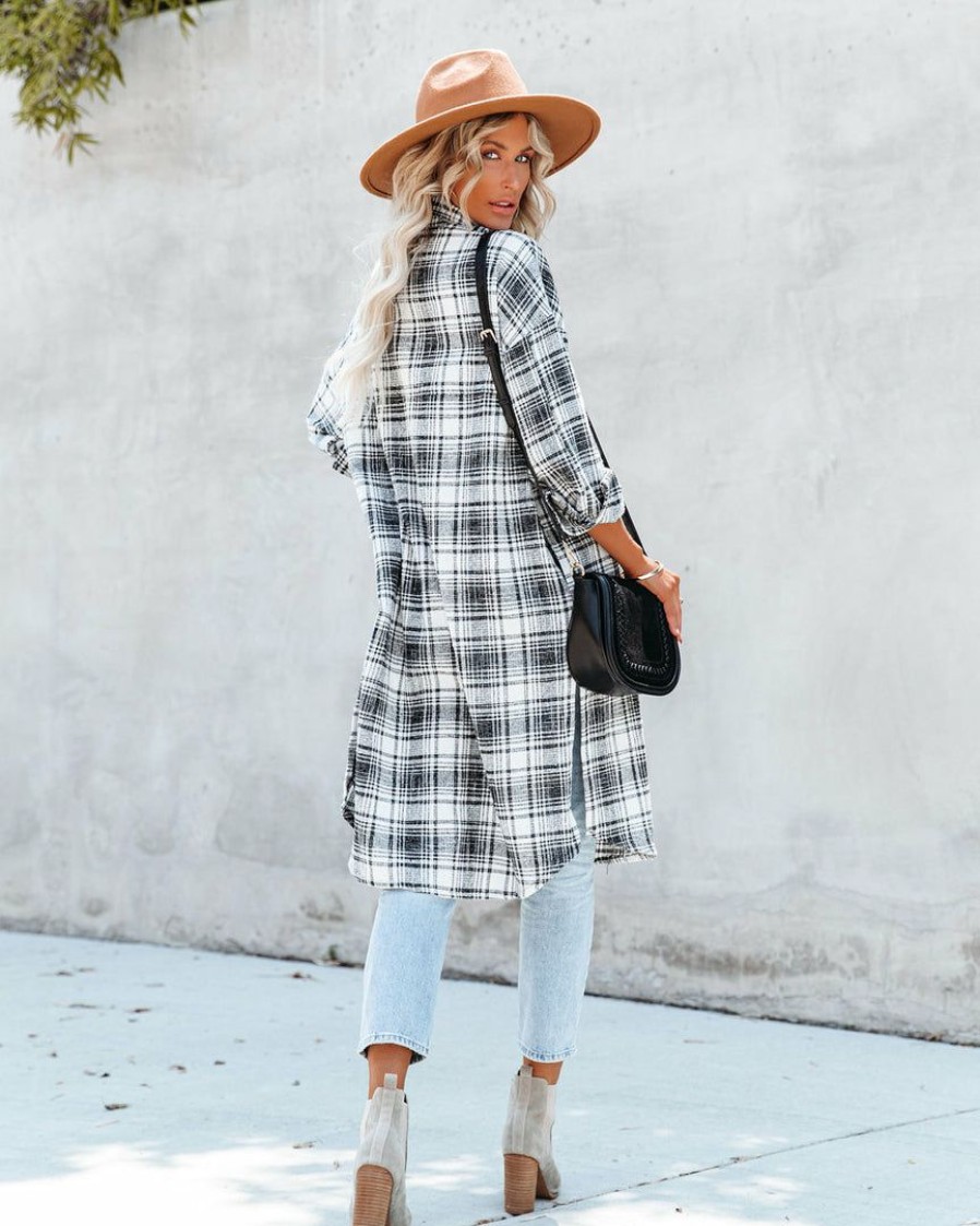 Clothing * | Acoa-001 Tanja Pocketed Plaid Button Down Shacket Black Coats & Jackets