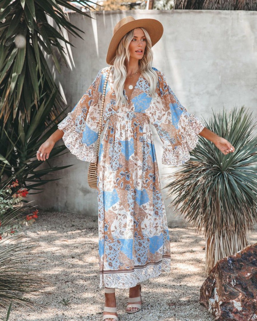 Clothing * | Dres-001 The Vacation Shop Zena Patchwork Kimono Maxi Dress Blue Combo Final Sale