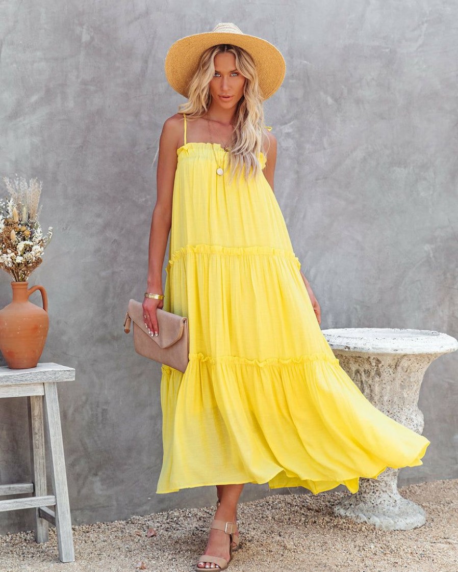 Clothing * | &Mer-001 Catch The Sun Tiered Midi Dress Lemon Final Sale