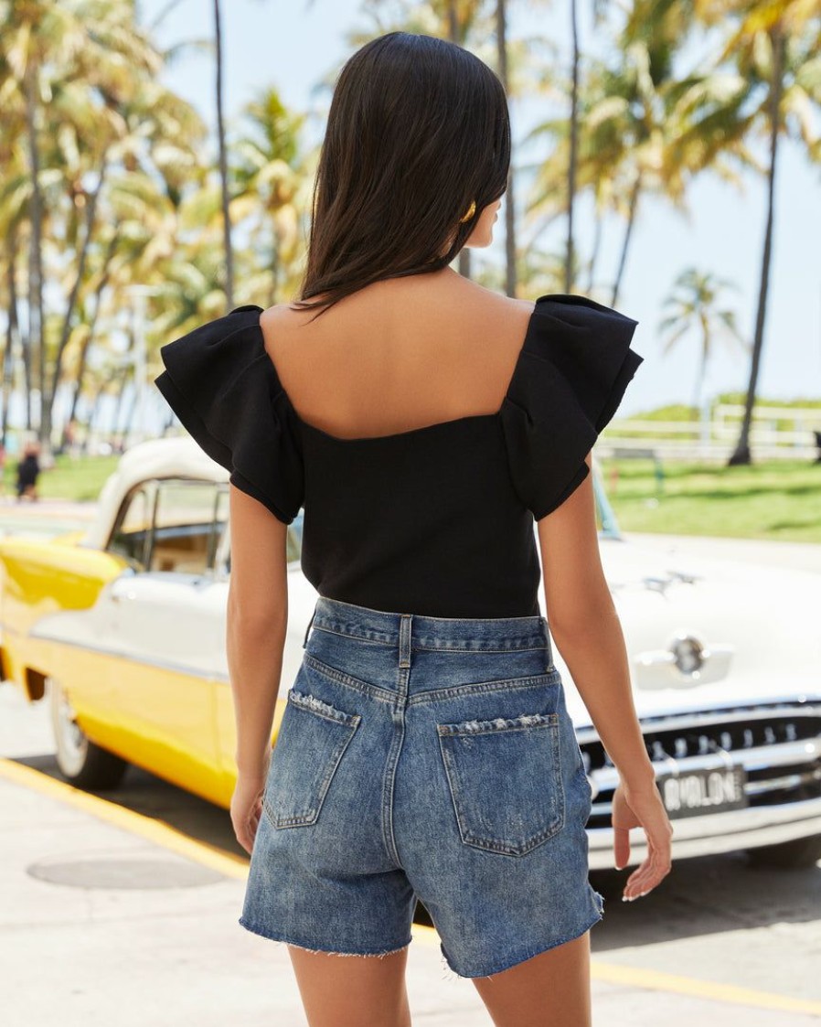 Clothing * | Stru-001 Summer Sweetheart Ruffle Knit Crop Top Black Final Sale