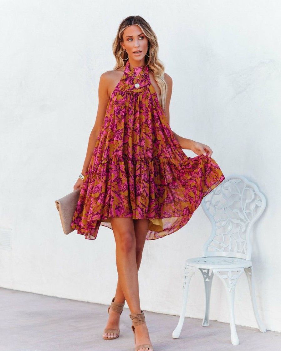 Clothing * | Oliv-001 Dresses Plum Floral Backless Halter Mini Dress