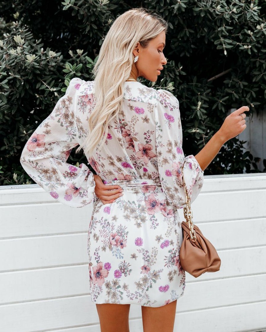 Clothing * | Dres-001 Avant Floral Balloon Sleeve Chiffon Wrap Dress