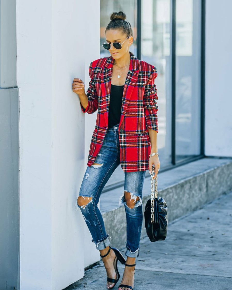 Clothing * | Endl-001 Eve Pocketed Plaid Blazer Coats & Jackets