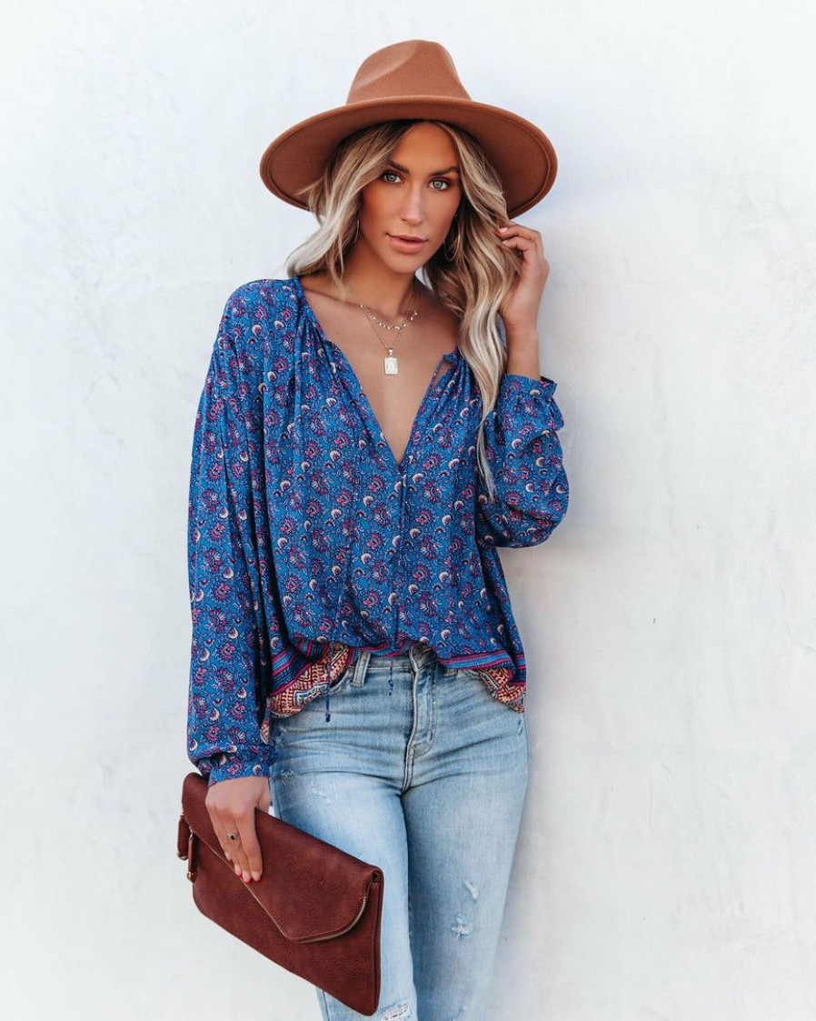 Clothing * | Oliv-001 Luana Printed Peasant Top Blue Final Sale Vici Exclusives