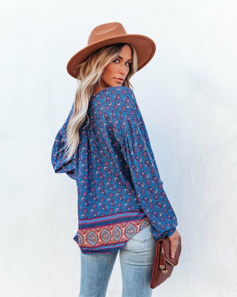 Clothing * | Oliv-001 Luana Printed Peasant Top Blue Final Sale Vici Exclusives