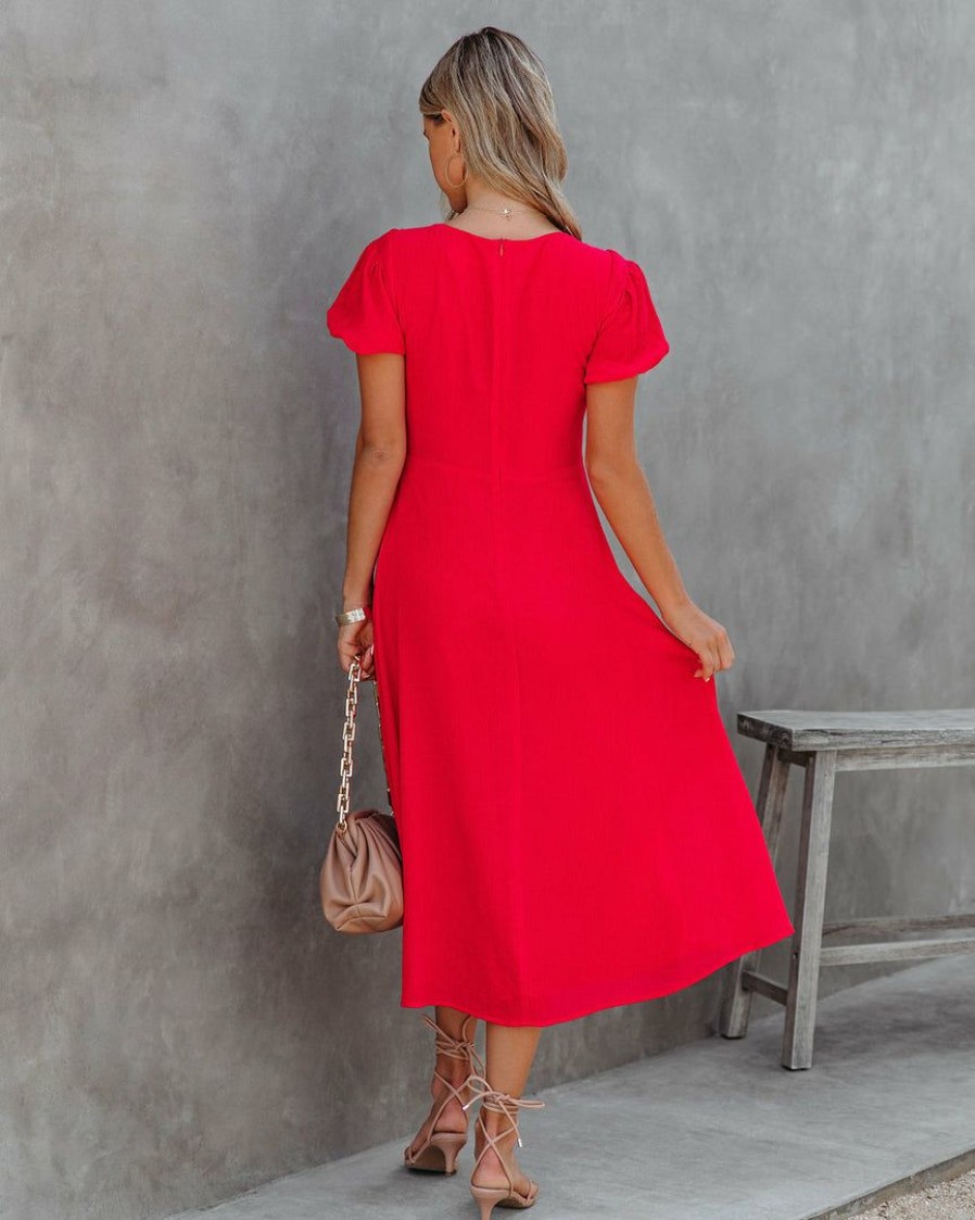 Clothing * | Ifb-001 Samantha Puff Sleeve Midi Dress Cherry Red Flash Sale Take Me To Miami