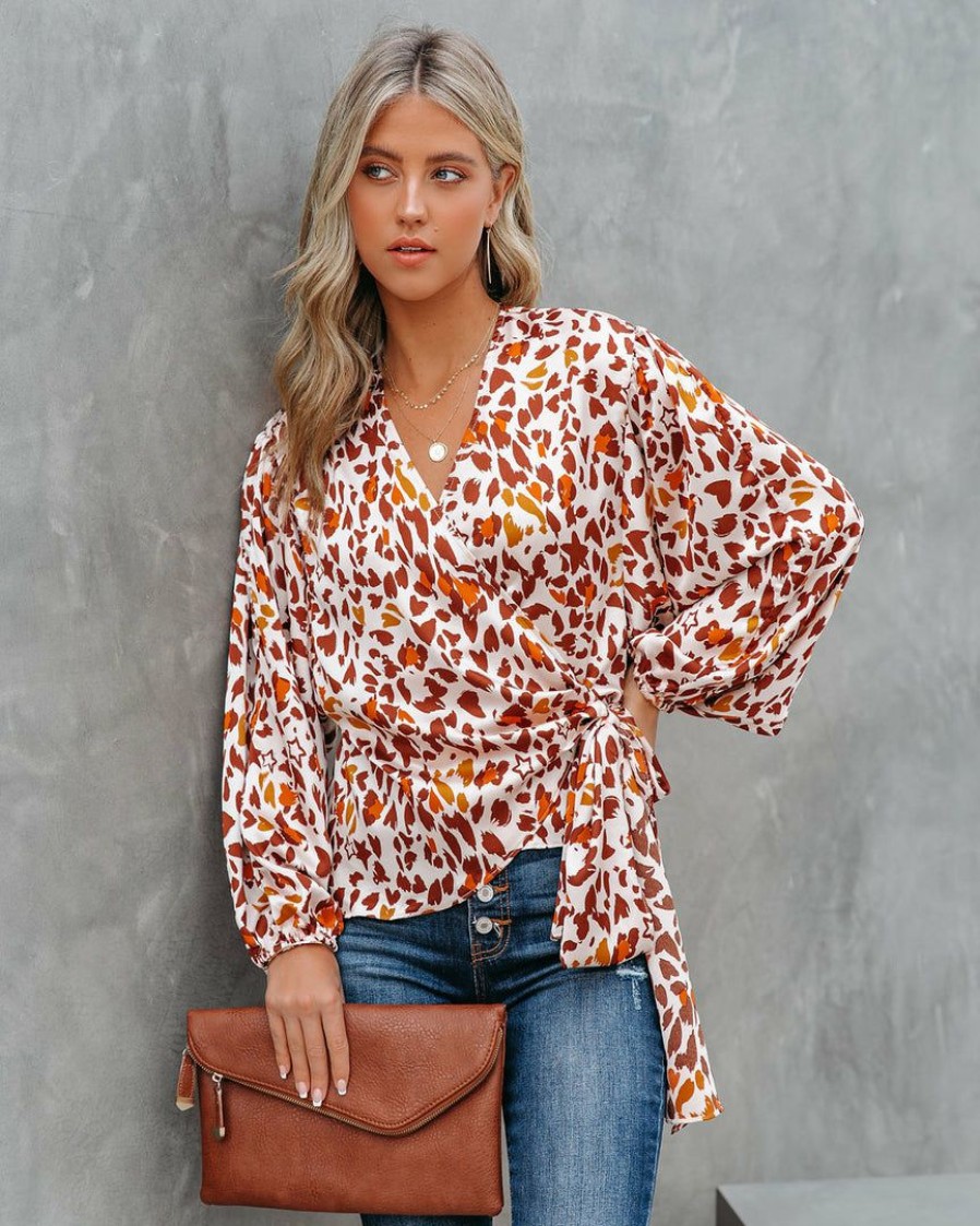 Clothing * | Aaka-001 Tops Pumpkin Spice Satin Printed Wrap Blouse Final Sale