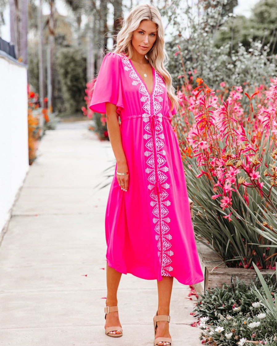 Clothing * | Stru-001 Presidio Embroidered Tassel Midi Dress Fuchsia Final Sale