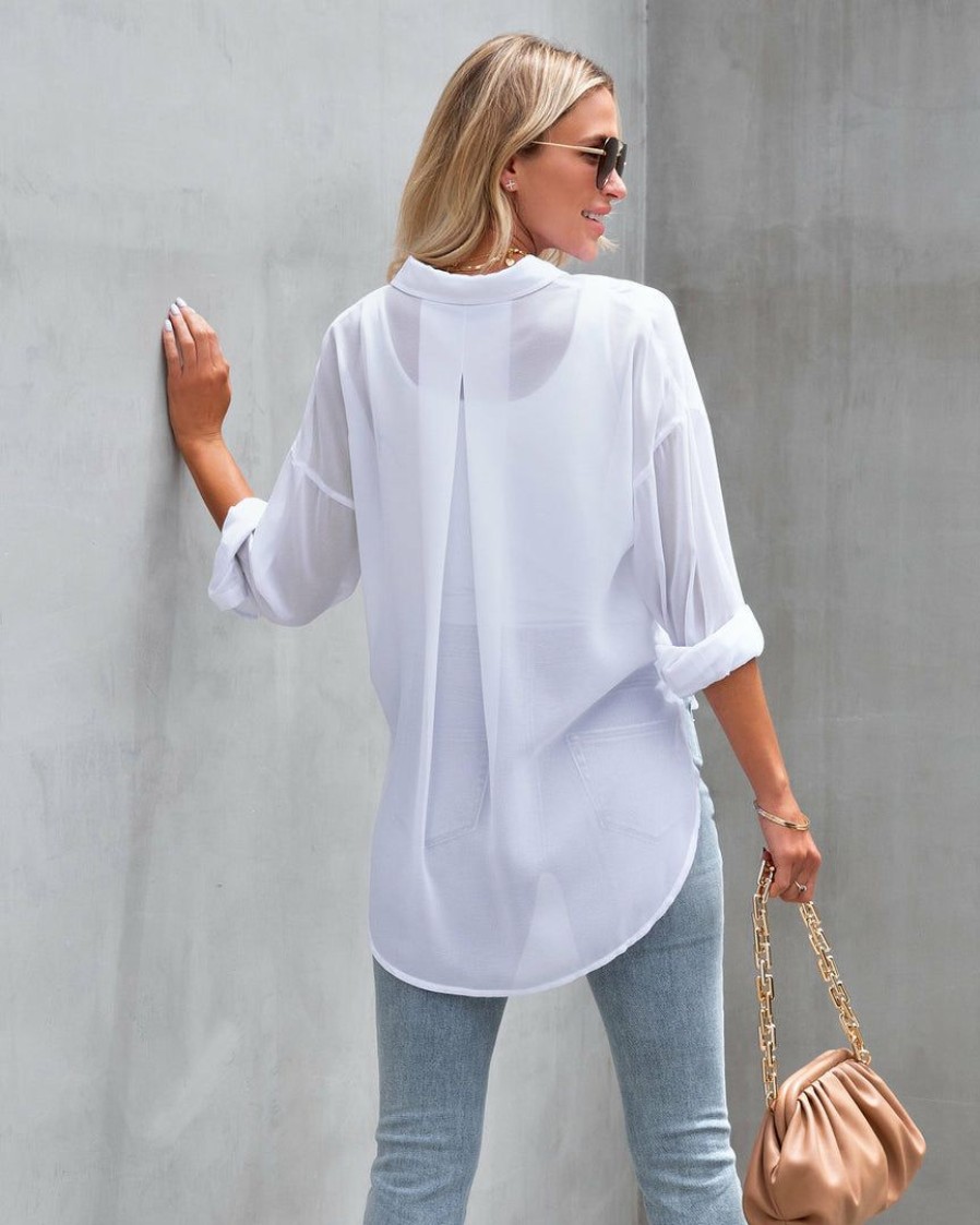 Clothing * | Acoa-001 Hartmann Sheer Button Down Blouse White Tops