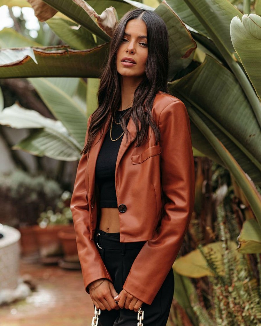 Clothing * | Baga-001 Coats & Jackets Tiller Faux Leather Crop Blazer Pecan