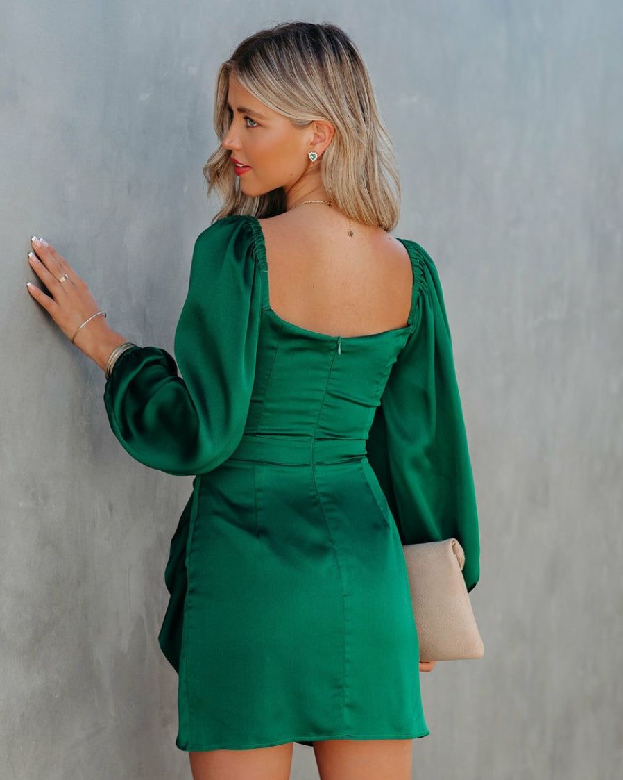 Clothing * | Skyl-002 Elyssa Satin Ruffle Mini Dress Emerald Dresses