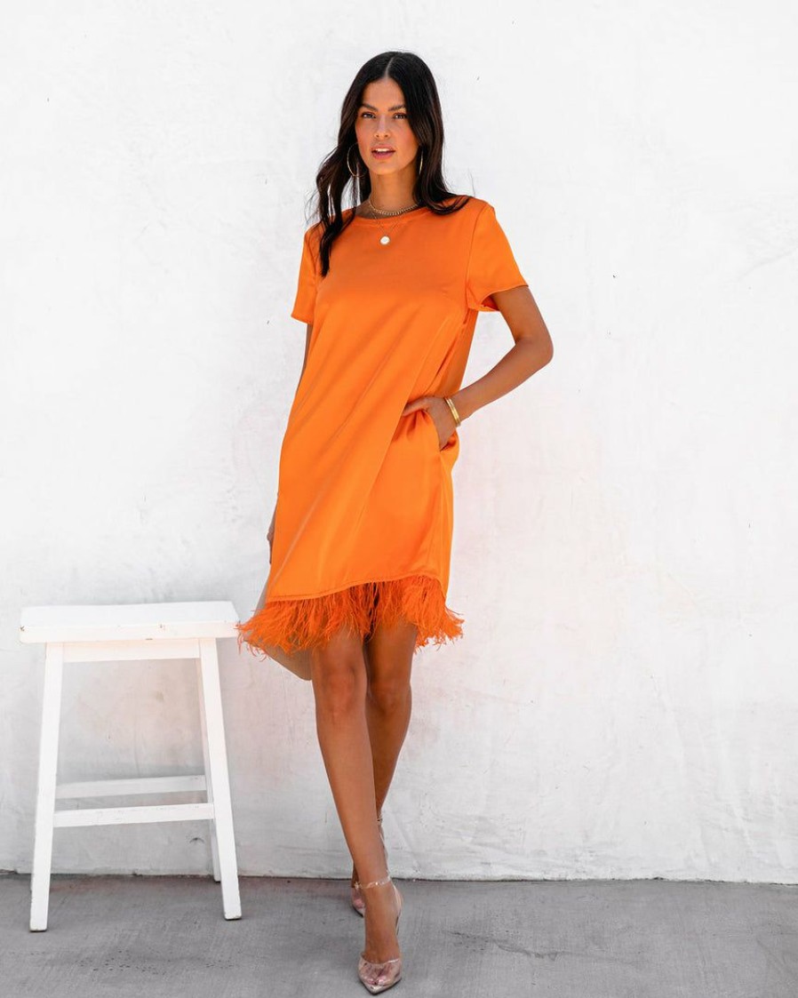 Clothing * | Stru-001 Zaldana Pocketed Feather Trim Dress Orange Guest Of Wedding