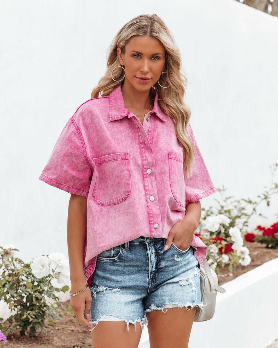 Clothing * | Entr-001 Ringo Cotton Pocketed Button Down Top Pink Final Sale Tops