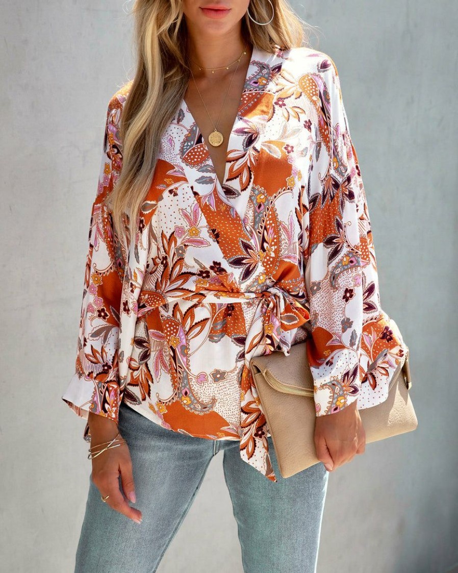 Clothing * | Dres-001 Tops Something Spice Floral Wrap Kimono Blouse