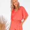 Clothing * | Tych-001 Spring Scene Pocketed Tie Romper Bright Coral Final Sale