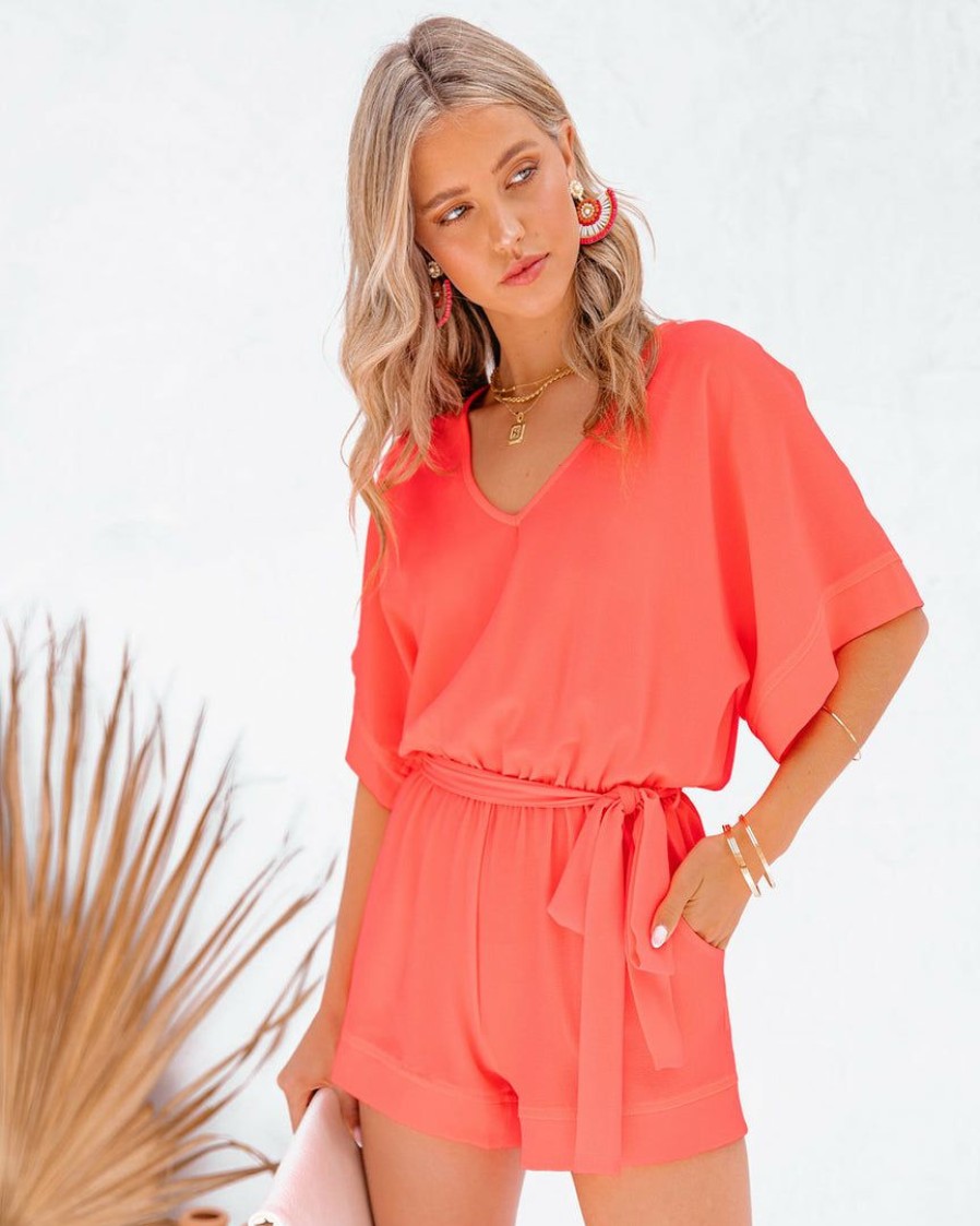 Clothing * | Tych-001 Spring Scene Pocketed Tie Romper Bright Coral Final Sale