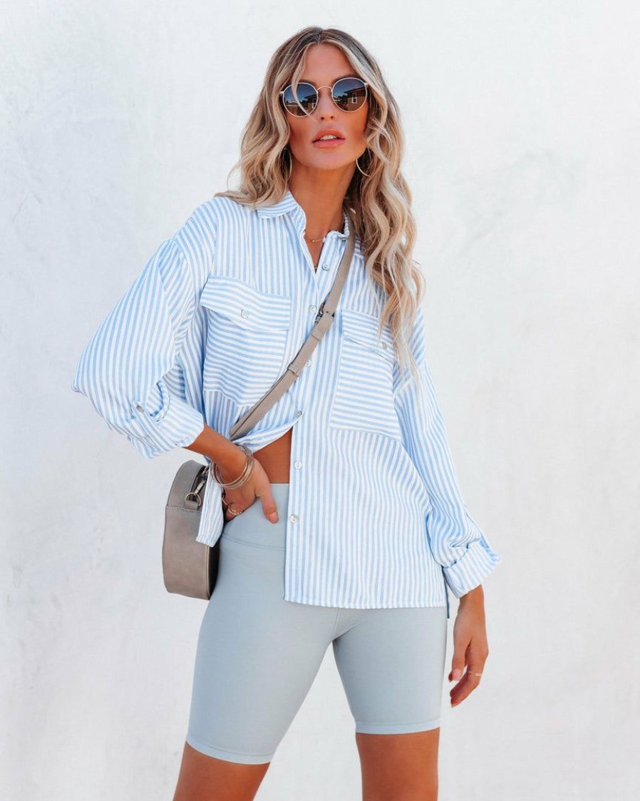 Clothing * | Entr-001 Embrace The Sun Striped Button Down Top Blue Final Sale Tops