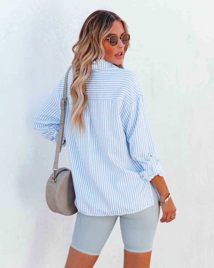 Clothing * | Entr-001 Embrace The Sun Striped Button Down Top Blue Final Sale Tops