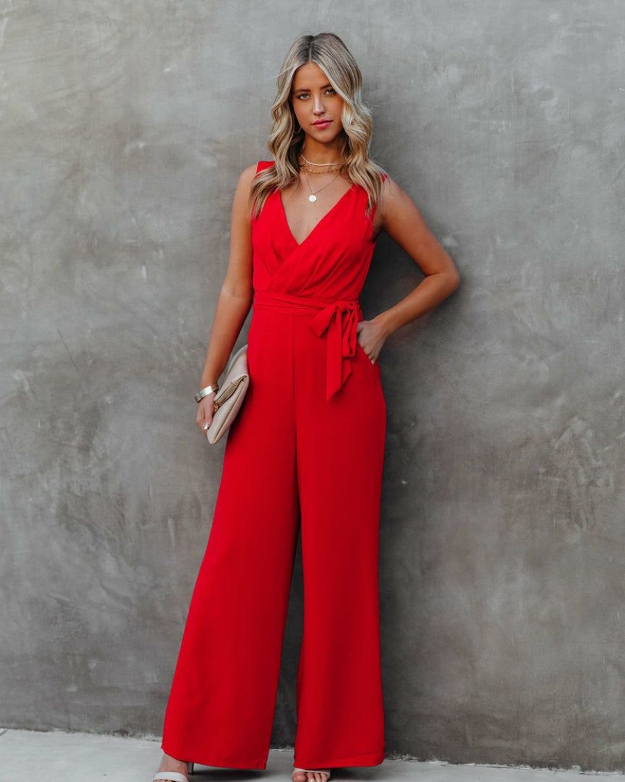 Clothing * | Suga-001 The Essential Pocketed Tie Jumpsuit Red Flash Sale