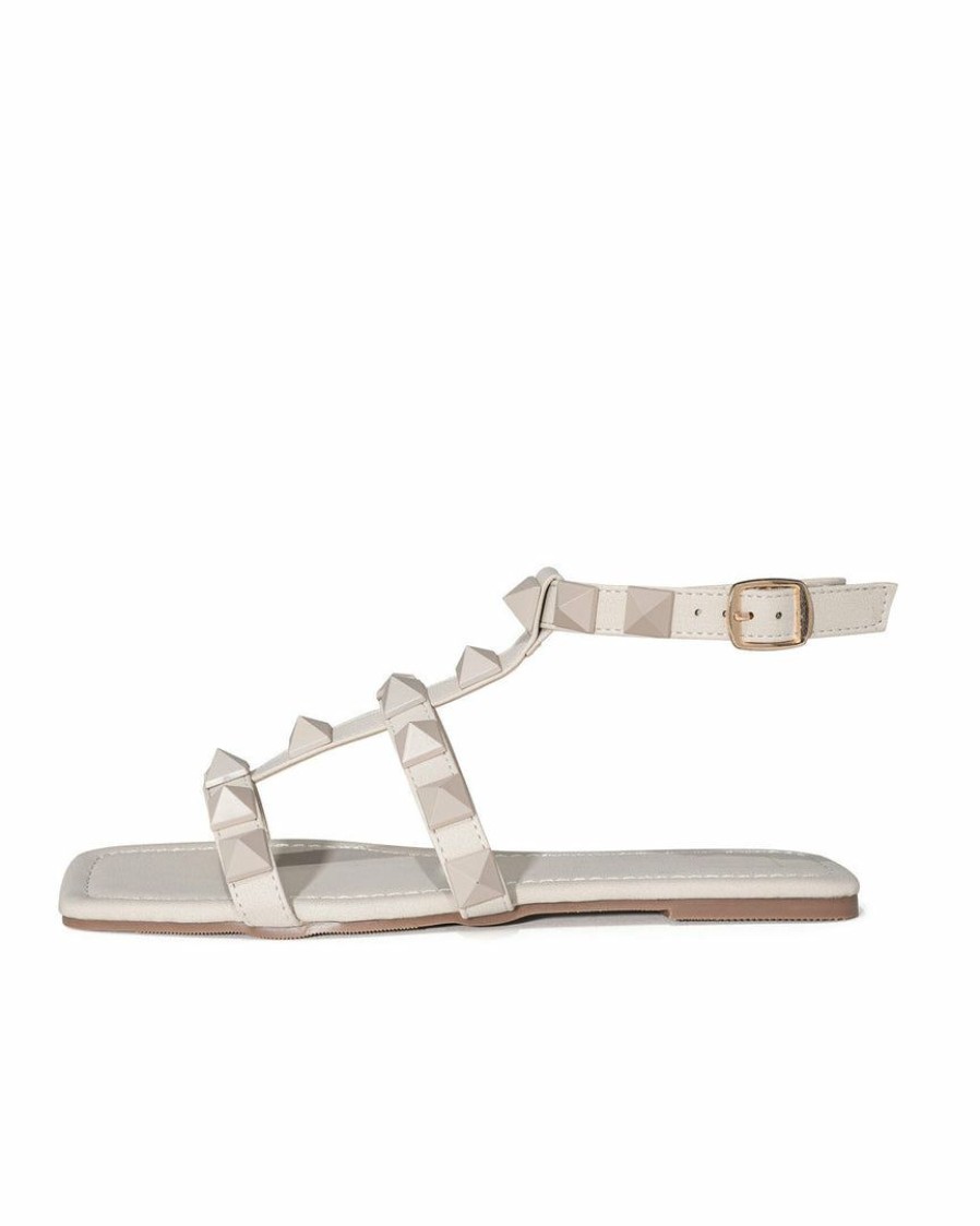 Shoes * | Shu -001 Babe Studded Sqaure Toe Sandal Bone Final Sale