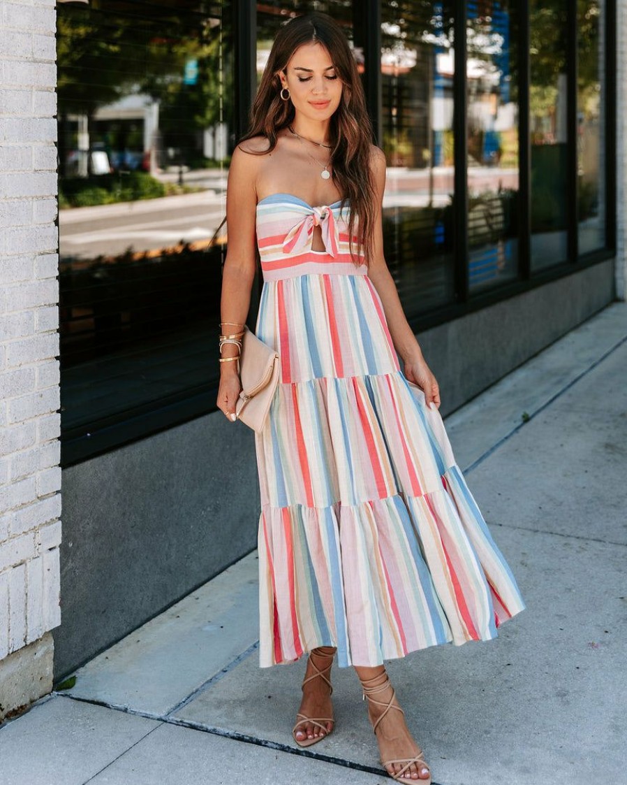 Clothing * | Blue-001 Valentina Striped Strapless Midi Dress