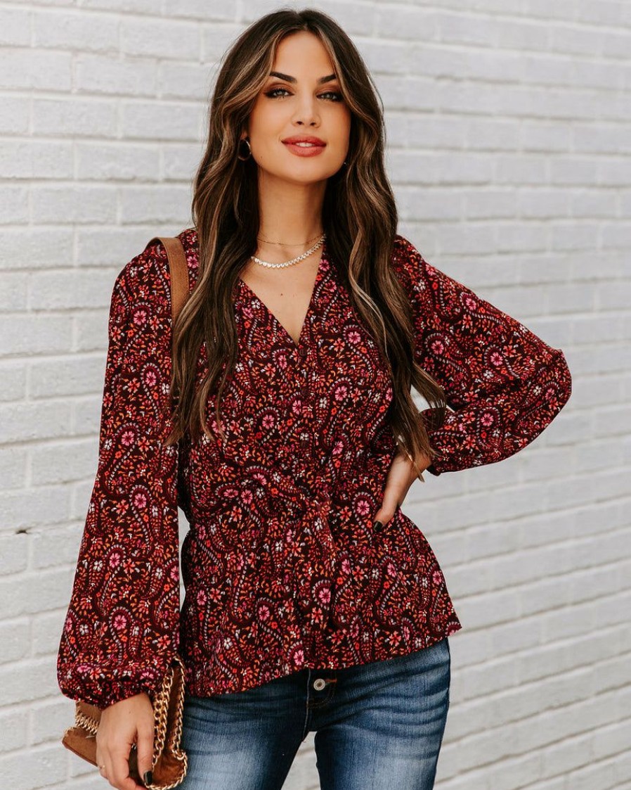 Clothing * | Skie-001 Us Forever Paisley Tie Front Peplum Blouse Final Sale Tops