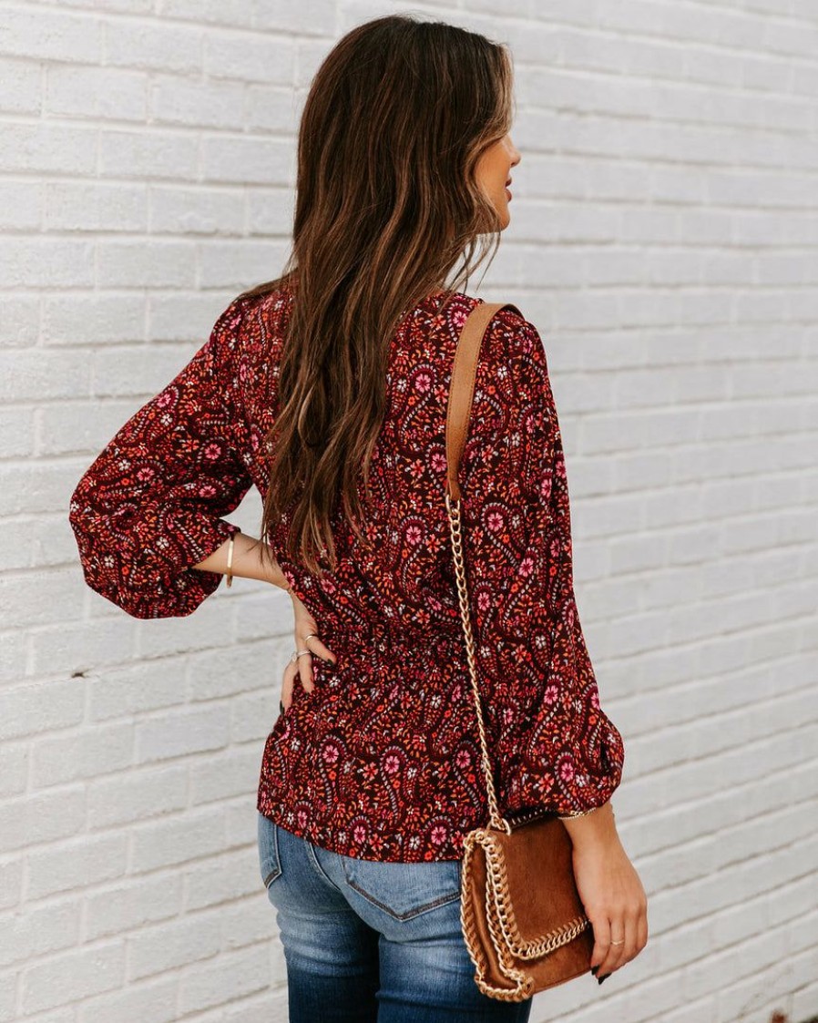 Clothing * | Skie-001 Us Forever Paisley Tie Front Peplum Blouse Final Sale Tops