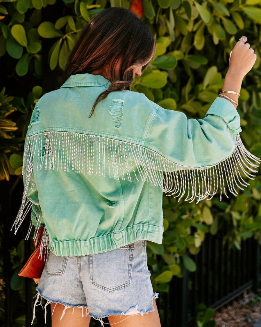 Clothing * | On T-001 Diamond Rodeo Rhinestone Denim Jacket Mint Green Final Sale