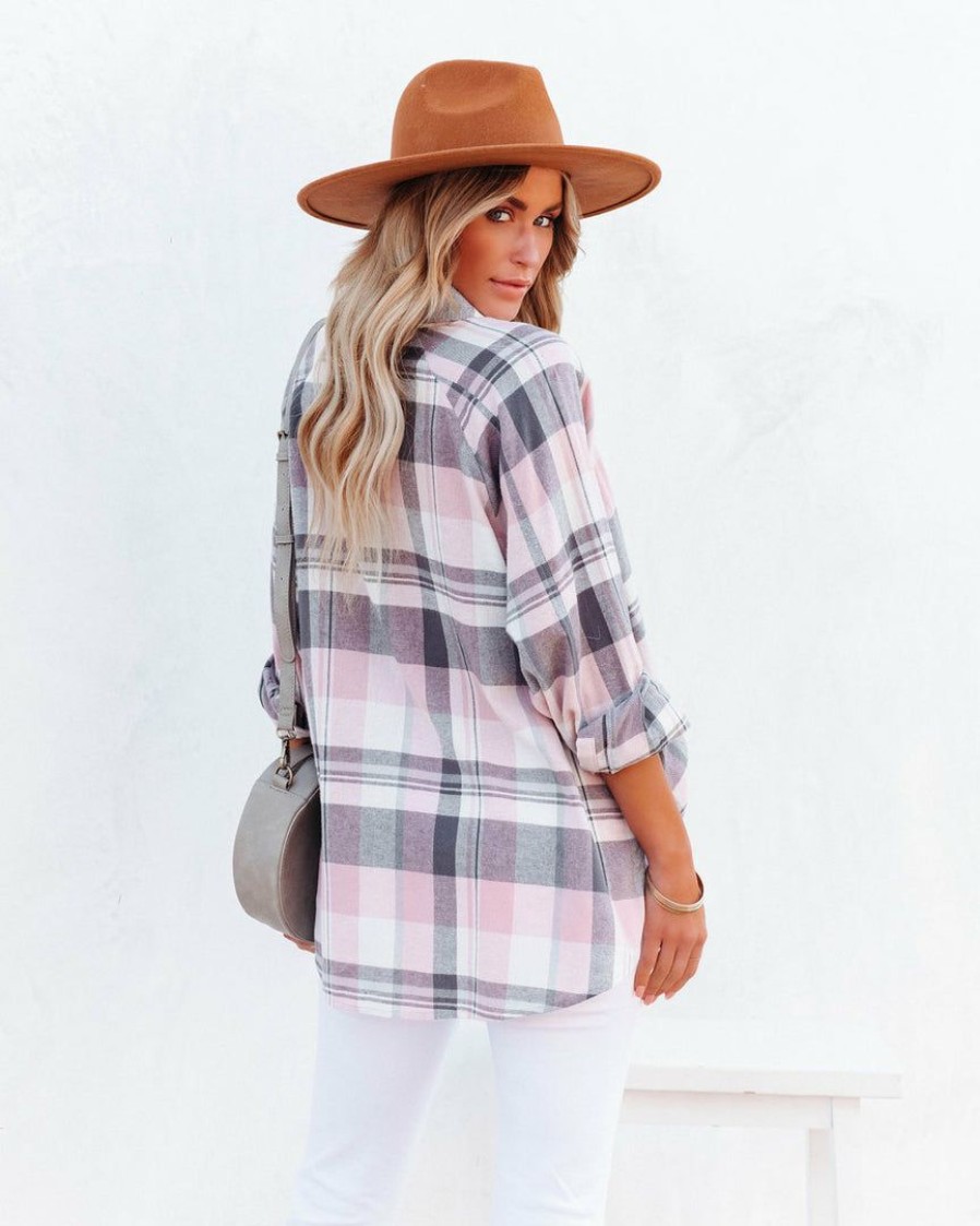 Clothing * | Flaw-001 Huckson Cotton Plaid Button Down Top Pink Grey Final Sale