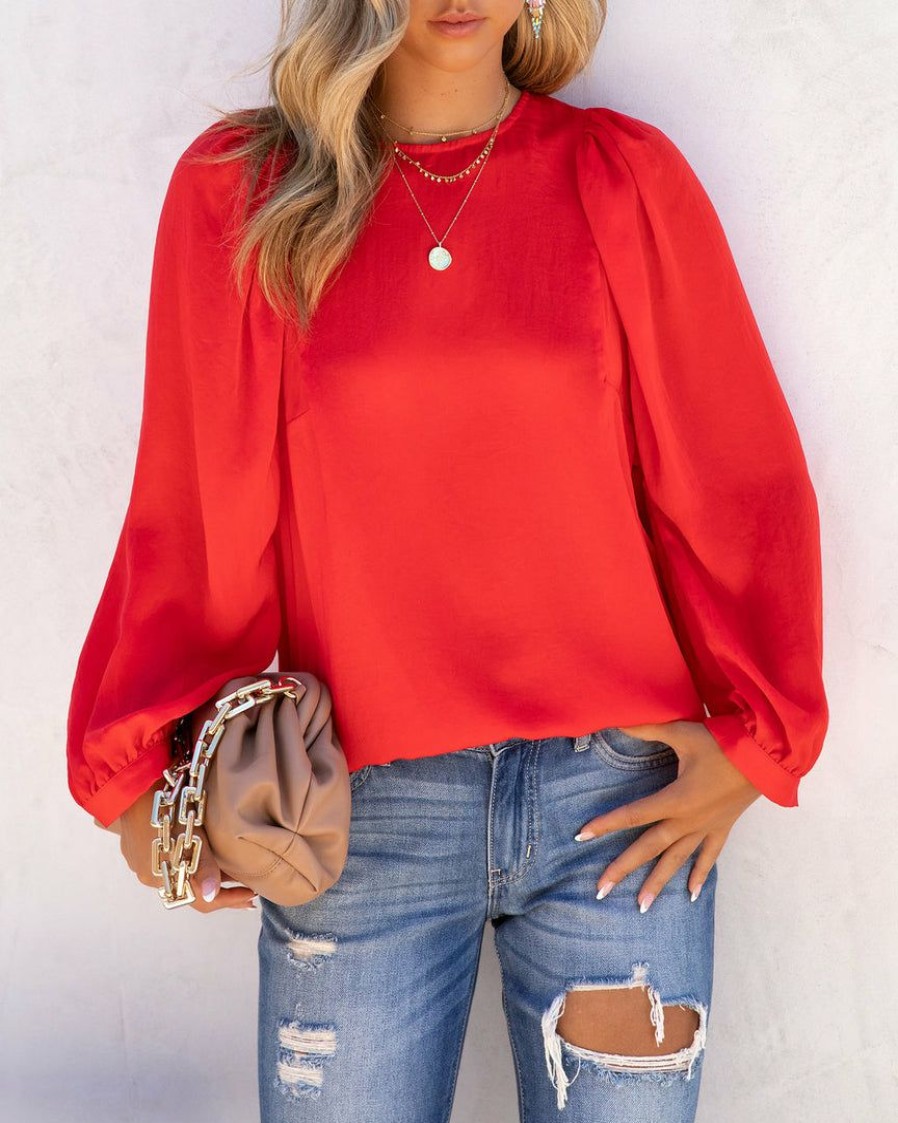 Clothing * | Flaw-001 Bejeweled Satin Long Sleeve Blouse Red Take Me To Miami