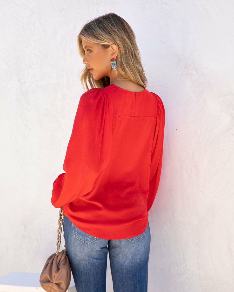 Clothing * | Flaw-001 Bejeweled Satin Long Sleeve Blouse Red Take Me To Miami