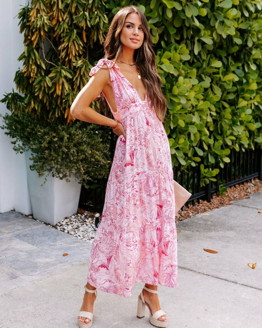 Clothing * | Lush-001 Dresses Kells Floral Tie Strap Midi Dress Pink Final Sale