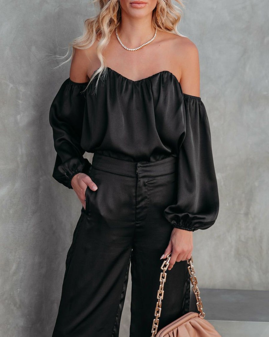 Clothing * | Dee-001 Tops Clockwork Satin Off The Shoulder Blouse Black Final Sale