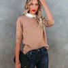 Clothing * | On T-001 Black Tie Collared Embellished Sweater Camel Sweaters