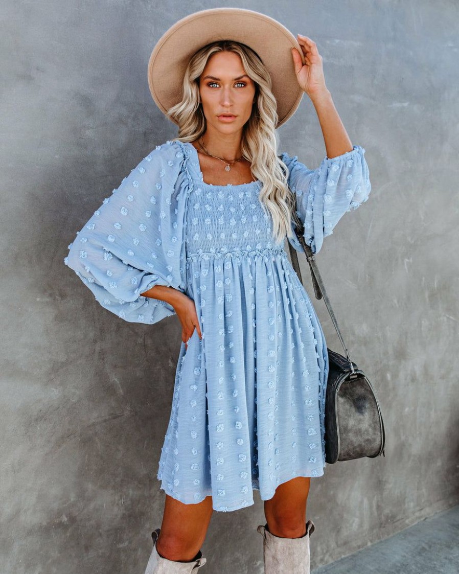 Clothing * | List-001 Treat Yourself Pocketed Pom Dress Misty Blue Dresses